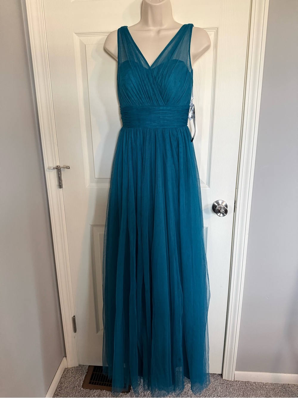 Christina Wu Teal Sleeveless V-Neck Maxi Tulle Gown